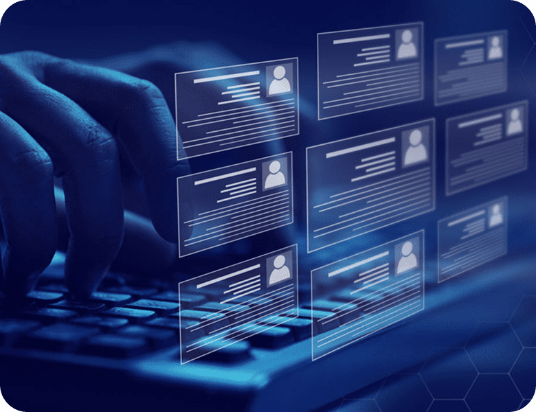 Hands typing with digital profiles overlay.