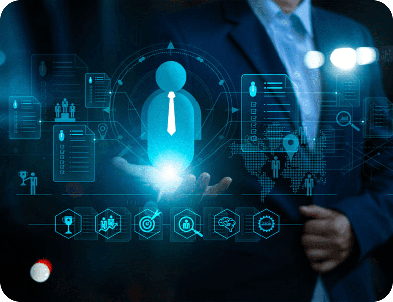 Businessman with digital interface and holograms.