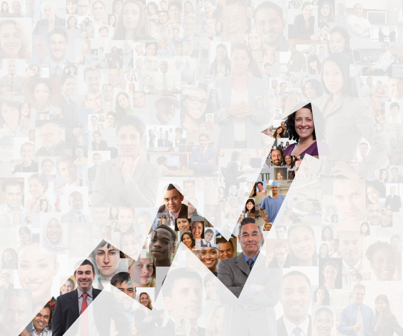 Collage of people forming upward arrow.