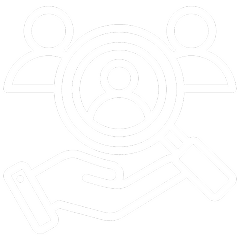 Hand holding magnifying glass, people icons.